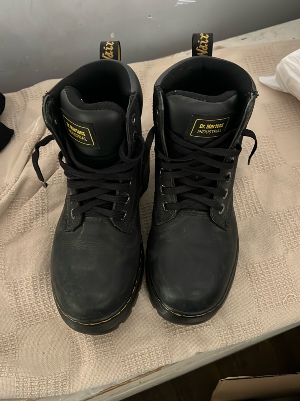 Dr. Martens Black Lace-Up Industrial Boots with Yellow Tag